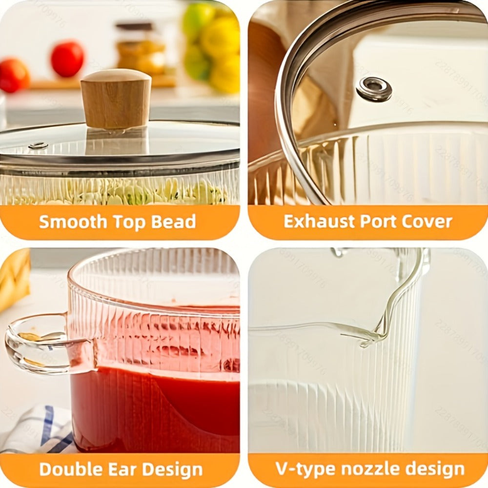 Ribbed Transparent Glass Cooking Pot with Lid in 60.87oz or 77.77oz Sizes, Clear Side Handles and Pouring Spout