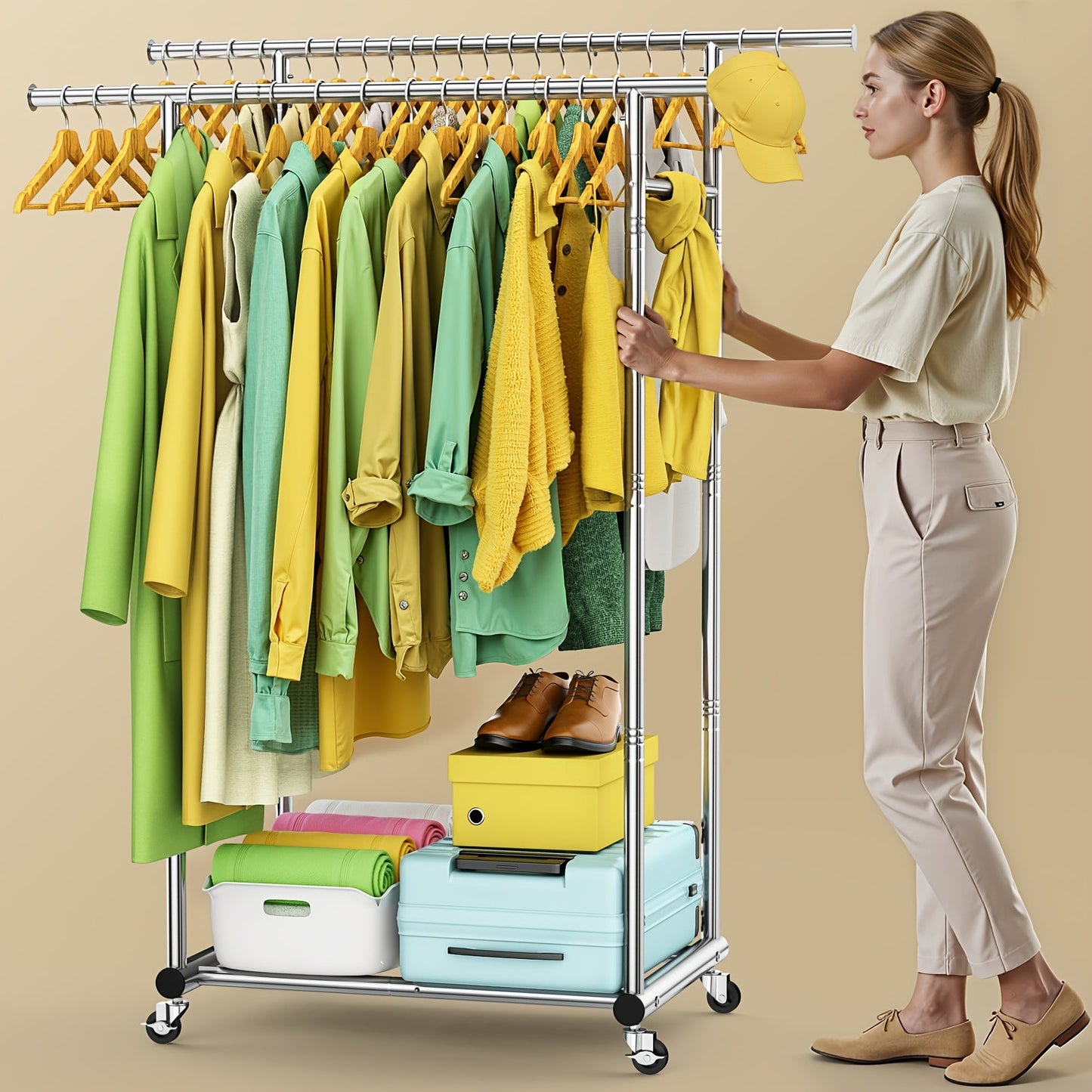 Portable Clothes Rack with Wheels – Heavy Duty Double Rod Garment Rack with Shelves & Hooks | Metal Rolling Clothing Rack for Hanging Clothes | Multi-Functional Closet Rack for Bedroom & Laundry Room