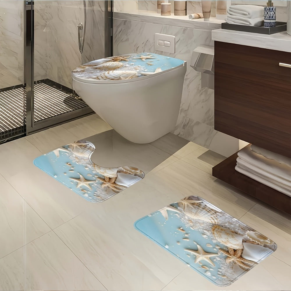 Sea Star and Shell Shower Curtain with One-Piece or Four-Piece Bathroom Set Checkout Options