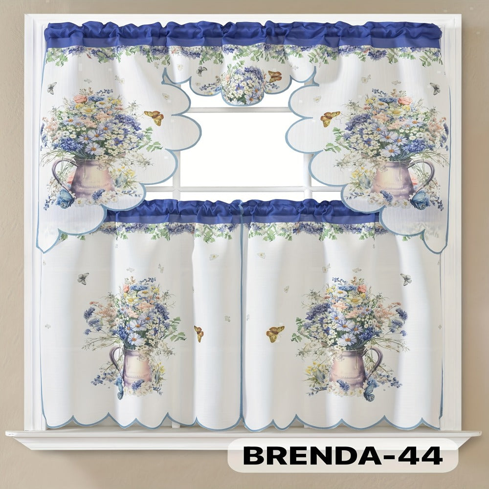 Three-Piece Patterned Kitchen Curtain Set with One Valance, Two Tiers and Forty-Six Exact Design Options