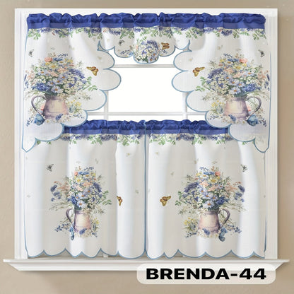 Three-Piece Patterned Kitchen Curtain Set with One Valance, Two Tiers and Forty-Six Exact Design Options