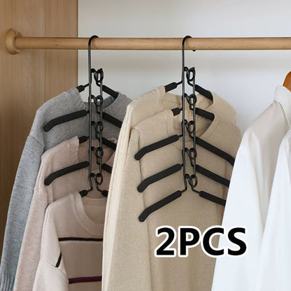 Five-Tier Cascading Clothes Hanger Organizers with Padded Arms in a Two-Piece Black Set for Closets