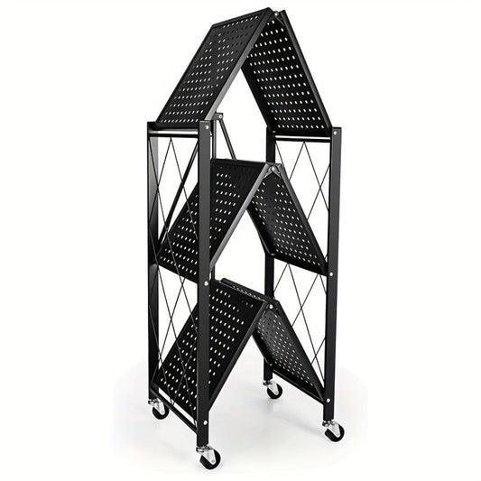 Heavy Duty Storage Rack with Wheels 3-Layer Foldable Metal Shelving Unit 750 LBS Capacity, Rolling Utility Cart for Garage Kitchen Pantry Closet, Movable Black Metal Storage Shelf