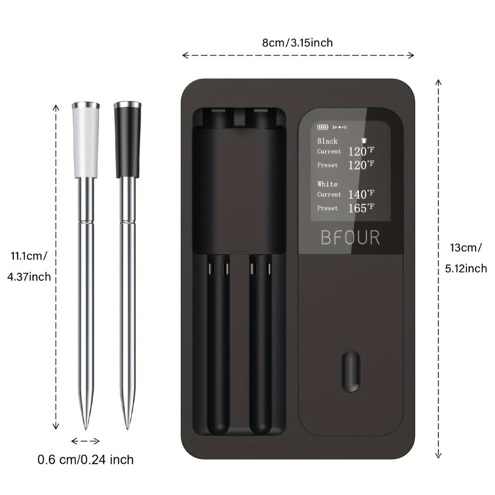 BFOUR BF-40 Wireless Cooking Thermometer with Dual Probes, App Display, Base Screen and USB Charging