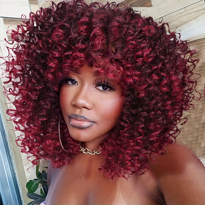 Afro Kinky Curly Wig for Black Women Short Synthetic Hair with Bangs 180% High Density Natural Fluffy Curls Stretch Cap Daily Wear Party Cosplay Fits All Head Sizes
