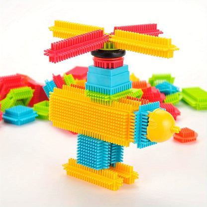 Building Block Set Bristle Construction Pieces, 150-Piece Colorful Interlocking Shapes with Storage Tub
