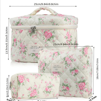 Three-Piece Floral Makeup Bag Set with Carry Handle, Gold-Color Zippers and Four Image-Bound Pattern Options