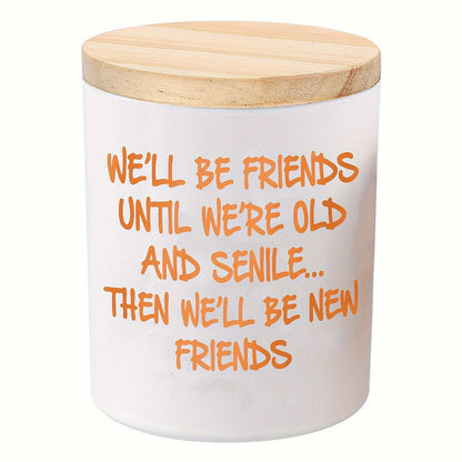 6oz Lavender-Labeled Candle in White Glass Jar with Wood Lid and Friendship Message Artwork