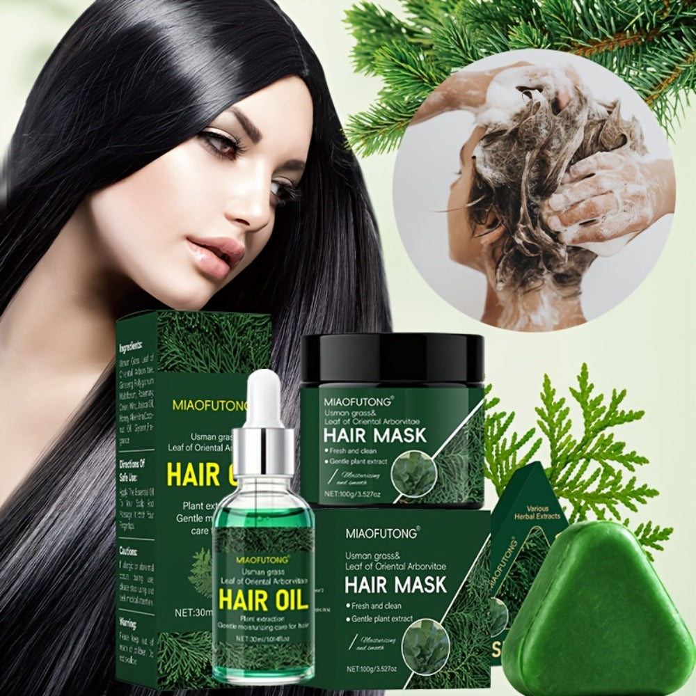 Three-Piece Usman Grass Hair Care Kit with 120g Triangular Shampoo Bar, Oil and Mask Formats