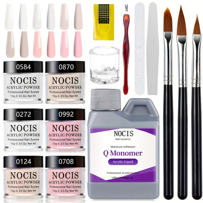 Six-Color Acrylic Nail Powder Set with Monomer Bottle and Application Tool Assortment in Three Set Codes