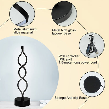 Table Lamp with Spiral LED Wave, Three Color Temperatures, USB Power and One, Two or Wood-Base Options