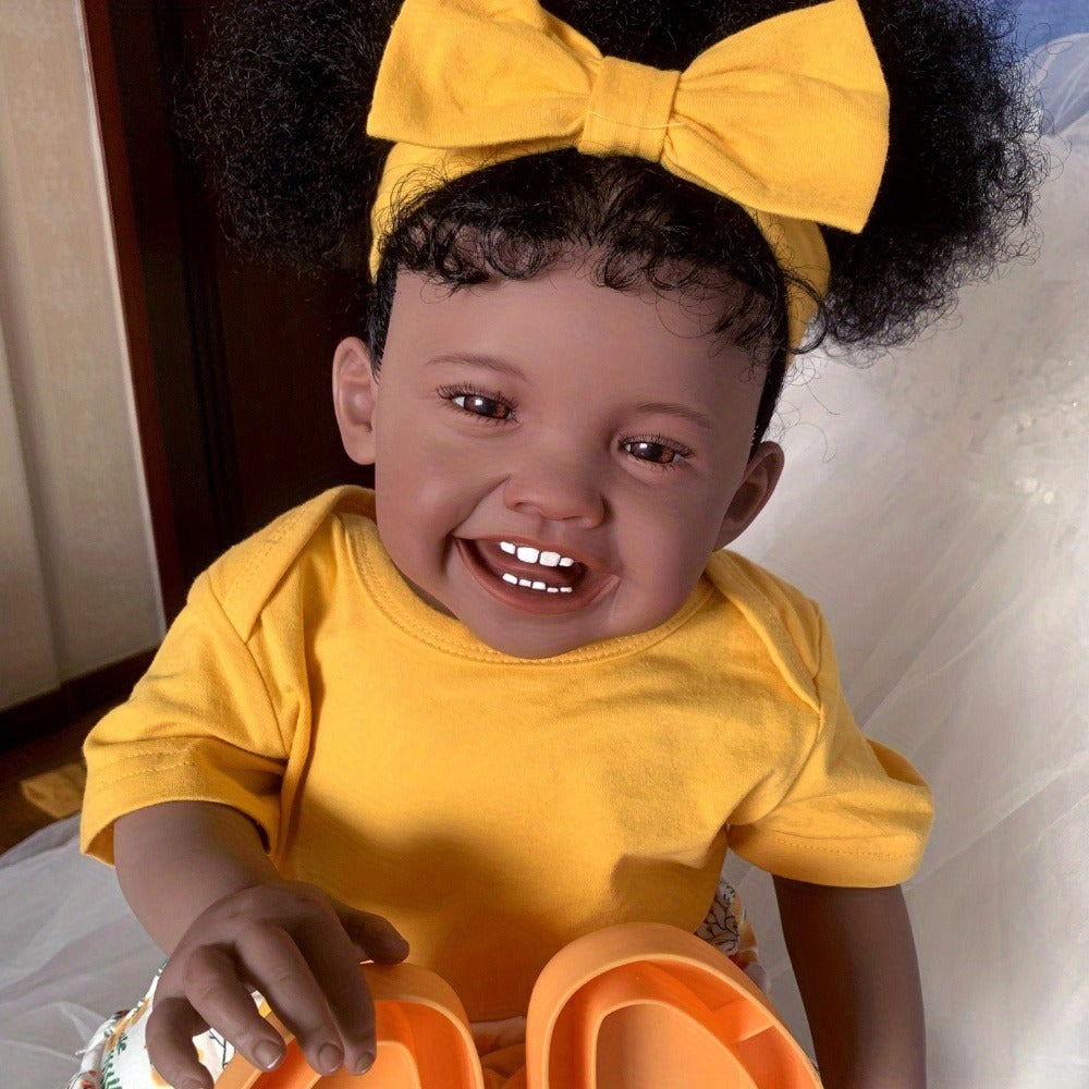 Reborn Doll, 24-Inch Dark-Tone Cloth-Body Figure with Silicone Head and Limbs, Rooted Hair and Accessories