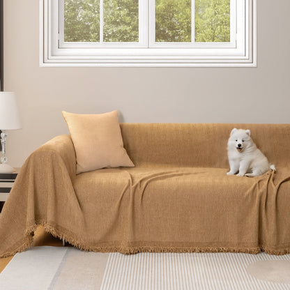 Sofa Cover Throw, Chenille Woven Fringe Slipcover in Three Colors for Three- and Four-Seat Couches