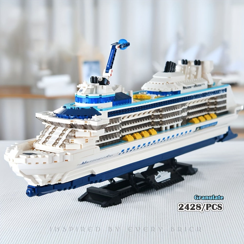 2428-Piece Cruise Ship Building Block Model with Black Display Stand, Lifeboats, Chimneys and Ocean-Liner Deck