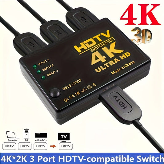 HDMI Switch 3 In 1 Out – 4K 1080P HD Video Switcher Splitter Hub, Adapter Converter for TV Box, Smart TV, HDTV, PC, Monitor & Gaming Console