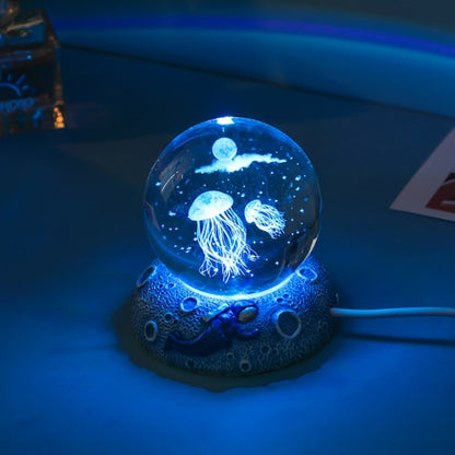 Night Light Blue Starry-Sky Crystal Orb Lamp with 3D Galaxy Pattern, Wood-Tone Base and Single Style