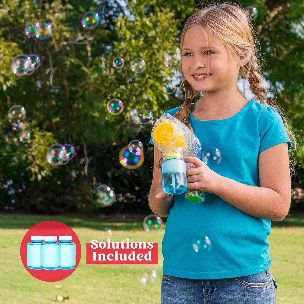 3-Pack Bubble Gun Blower with 3 Pre-Loaded Solution Refills – Hand-Powered, Color-Changing Bubbles, Ergonomic Grip, ASTM Safe, Kids Birthday Party Favor, Easter Egg Hunt, Summer Outdoor Indoor Play