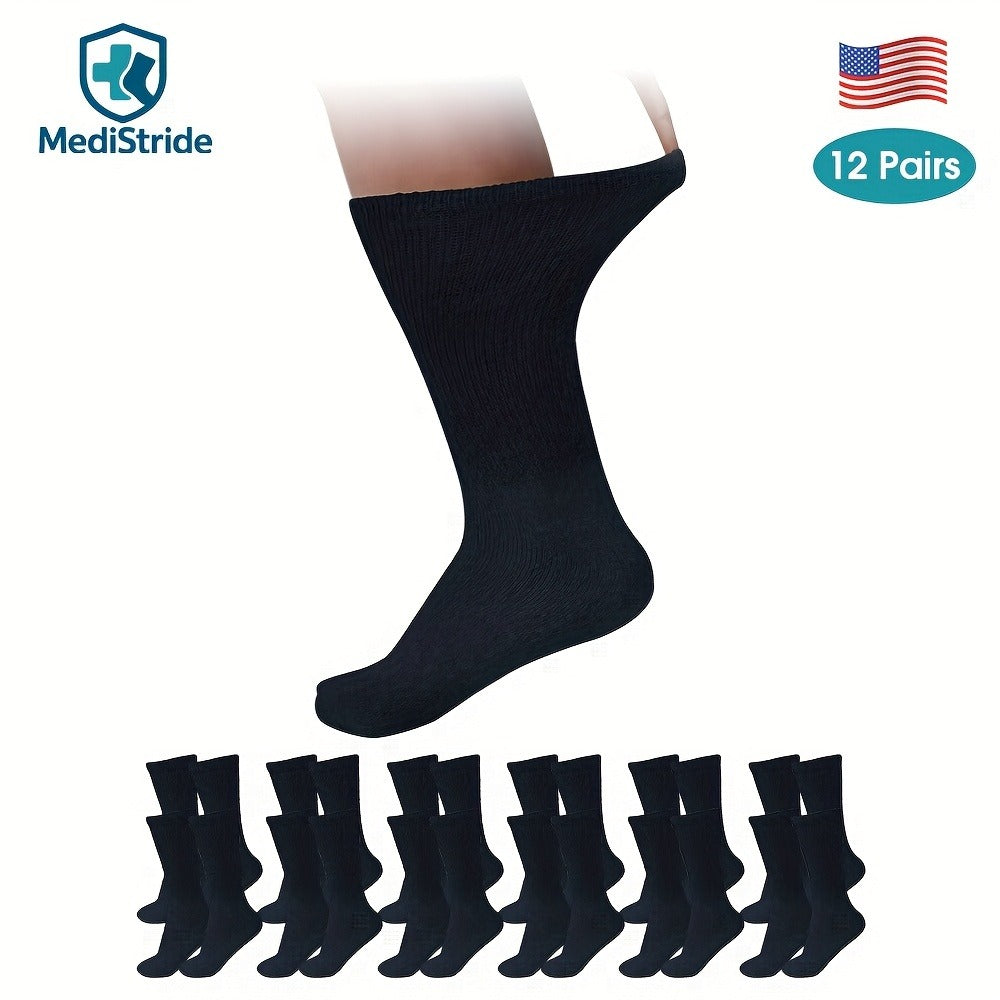 12-Pair Crew-Length Diabetic Sock Set in Six Colors with 9-11, 10-13 and 13-15 Size Options