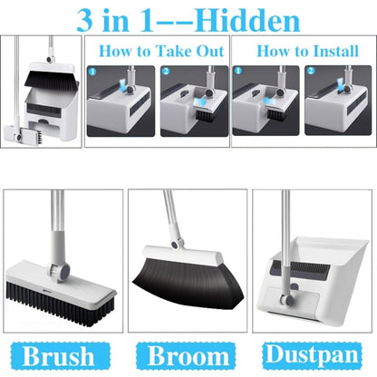 Broom and Dustpan Set 3-in-1 with Wiper - Non-Stick Hair Sweeper Household Floor Broom Combo for Indoor Outdoor Use - Ergonomic Handle Dustpan Broom Kit for Home Kitchen Office - White Pink Gray