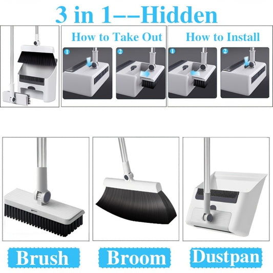 Broom and Dustpan Set 3-in-1 with Wiper - Non-Stick Hair Sweeper Household Floor Broom Combo for Indoor Outdoor Use - Ergonomic Handle Dustpan Broom Kit for Home Kitchen Office - White Pink Gray