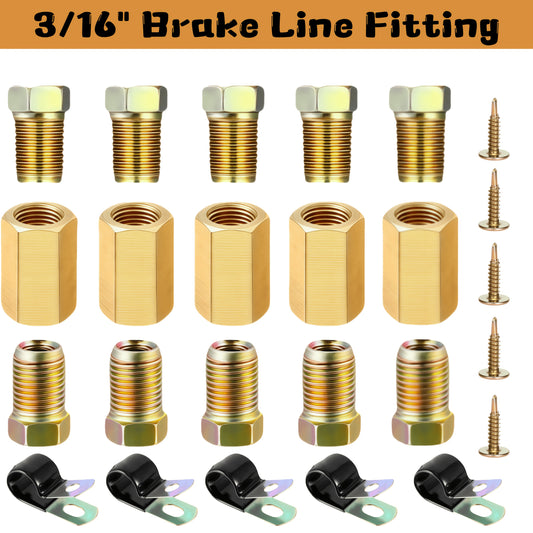 Brake Line Fittings Assortment Kit – 3/16", 1/4", 5/16" & 3/8" Tube Sizes, Inverted Flare Union Connectors, Multiple Thread Sizes, with Optional Hose Clamps for Automotive Brake Line Repair