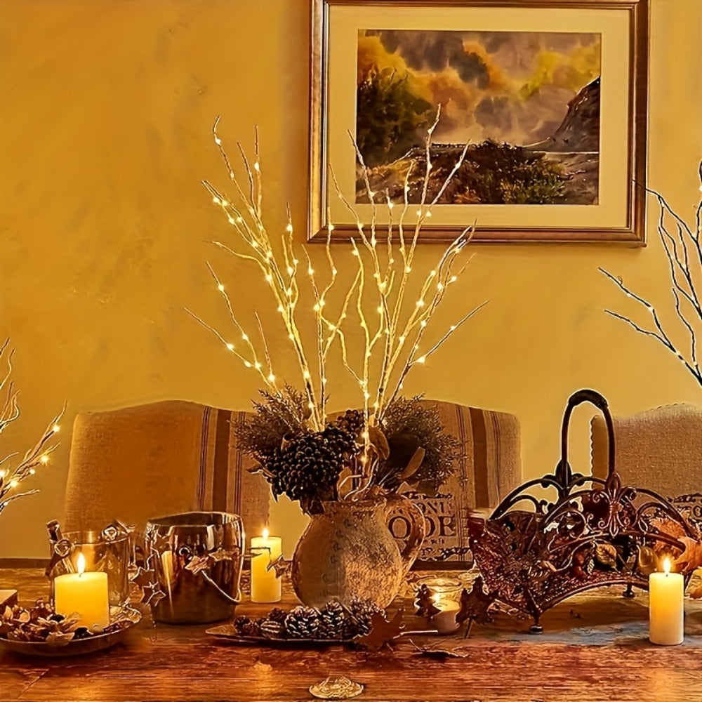 Birch Branch Lights Set of 2, Artificial Luminous Birch Tree Branches with Green Leaves & LED Fairy Lights — Battery Powered Indoor Decor for Christmas, New Year, Home & Reading Nook