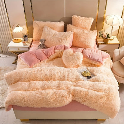 Plush Faux Fur Duvet Cover Set with Heart Pillow, Corner Ties and Twin, Queen or King Sizes in Eight Colors