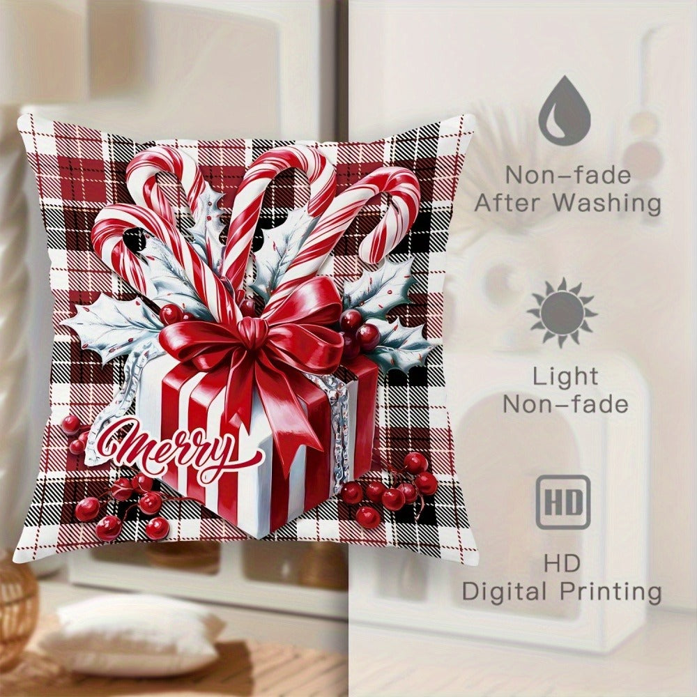 Four-Piece Christmas Pillow Cover Set, 18 x 18 Inches with Snowman, Candy Cane, Sleigh and Plaid Prints