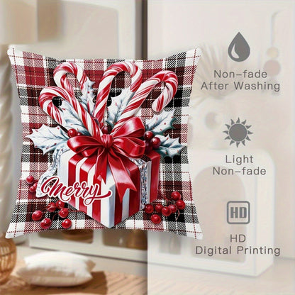 Four-Piece Christmas Pillow Cover Set, 18 x 18 Inches with Snowman, Candy Cane, Sleigh and Plaid Prints