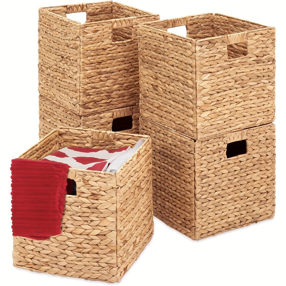 Woven Cube Storage Basket with Cutout Handles in Natural Color and One-, Two- or Four-Piece Packs