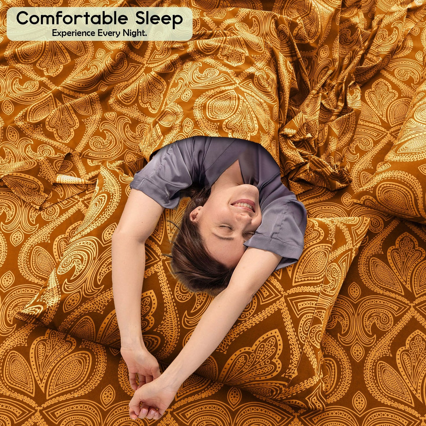 Bed Sheet Set Paisley Brushed Polyester in 4- or 6-Piece Sizing with 16-Inch Pocket and Wash Instructions