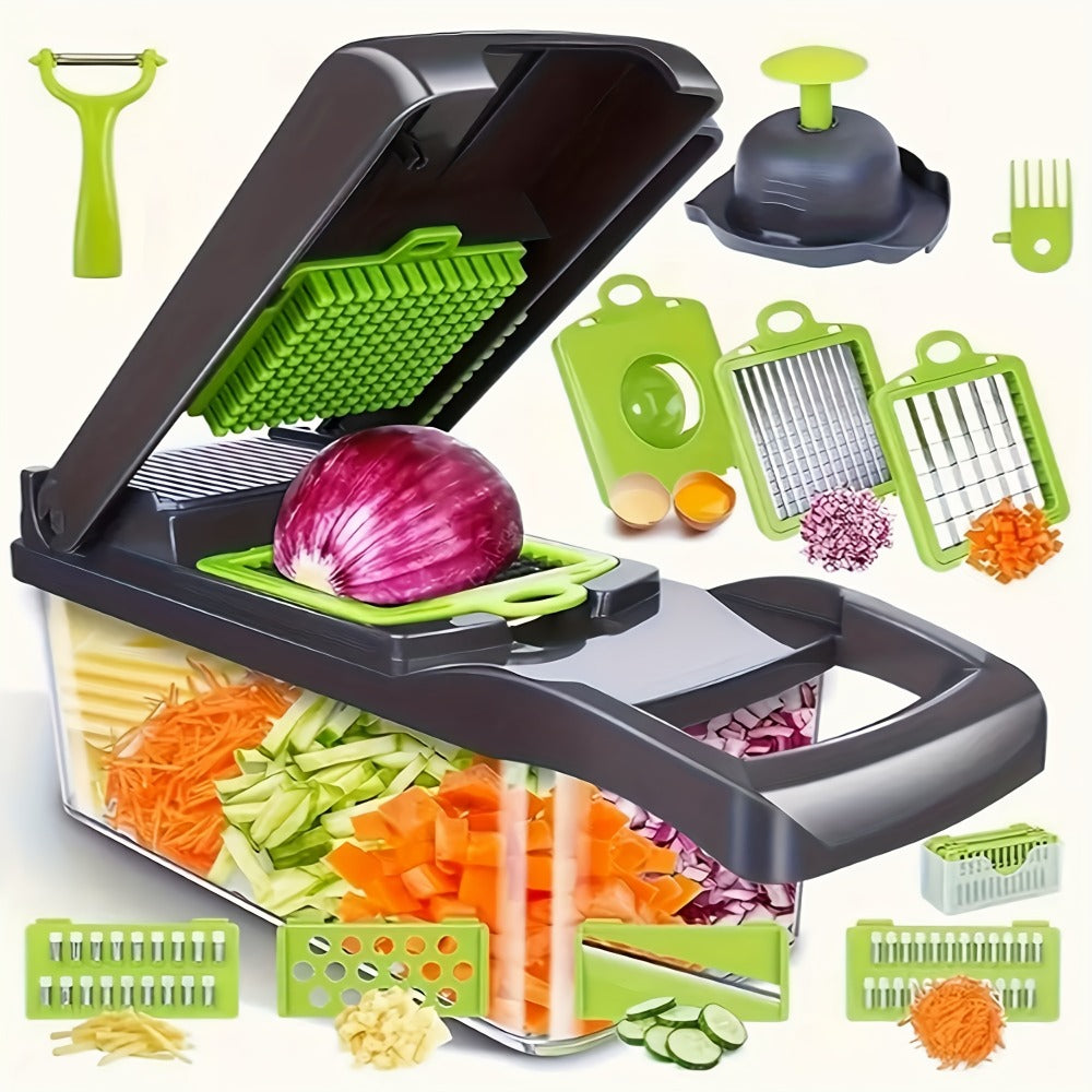 Vegetable Chopper with 3/5 Blades – Multifunctional Onion Chopper, Food Dicer & Salad Cutter with Container | Kitchen Gadget Set for Potato, Carrot, Garlic