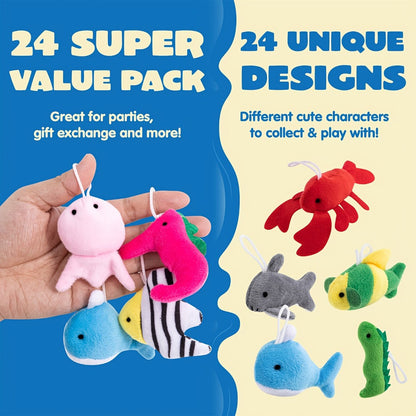 Twenty-Four Mini Sea-Animal Plush Keychains in Assorted Fish, Shark, Whale and Crab Designs