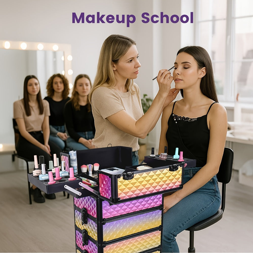Rolling Makeup Train Case 4-in-1 Large Portable Cosmetic Trolley with 360 Degree Swivel Wheels Beauty Sponge Included Professional Salon Travel Organizer Gradient Purple Rose Gold