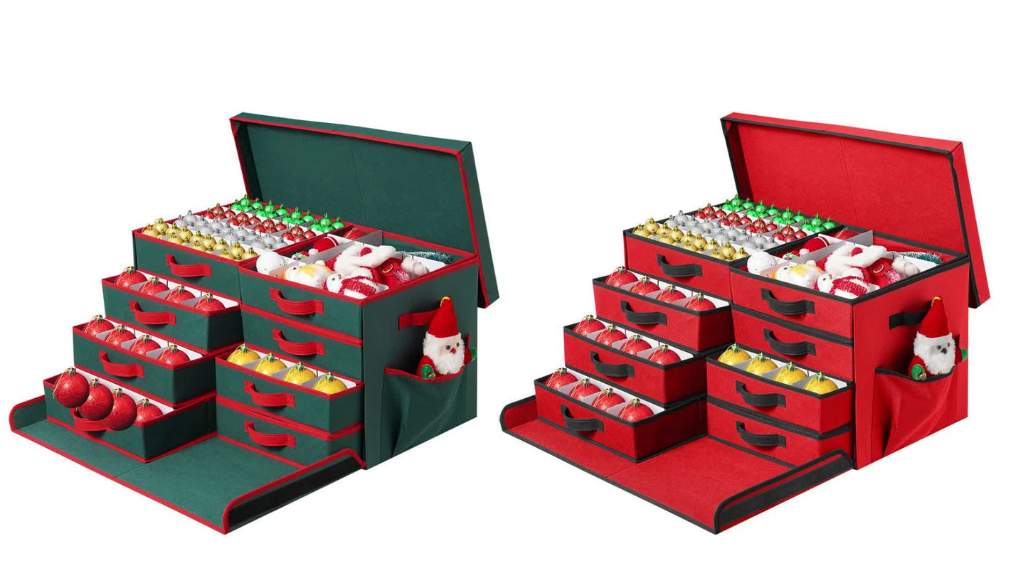 Christmas Ornament Storage Box with 128 Compartments, Eight Removable Trays and Red or Green Color Options