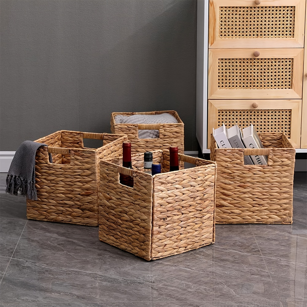 Foldable Water Hyacinth Cube Storage Baskets with Handles, 11 x 11-Inch, 1- to 4-Pack Options