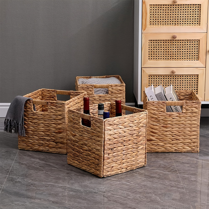 Foldable Water Hyacinth Cube Storage Baskets with Handles, 11 x 11-Inch, 1- to 4-Pack Options