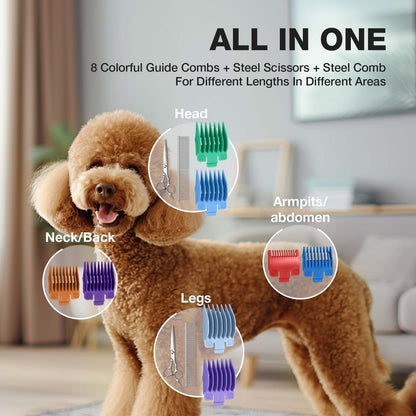 Dog Grooming Clippers Professional Kit - Low Noise Rechargeable Pet Hair Trimmer with Ceramic Blade, 8 Guards, Scissors & Comb for Dogs, Cats & Thick Coats