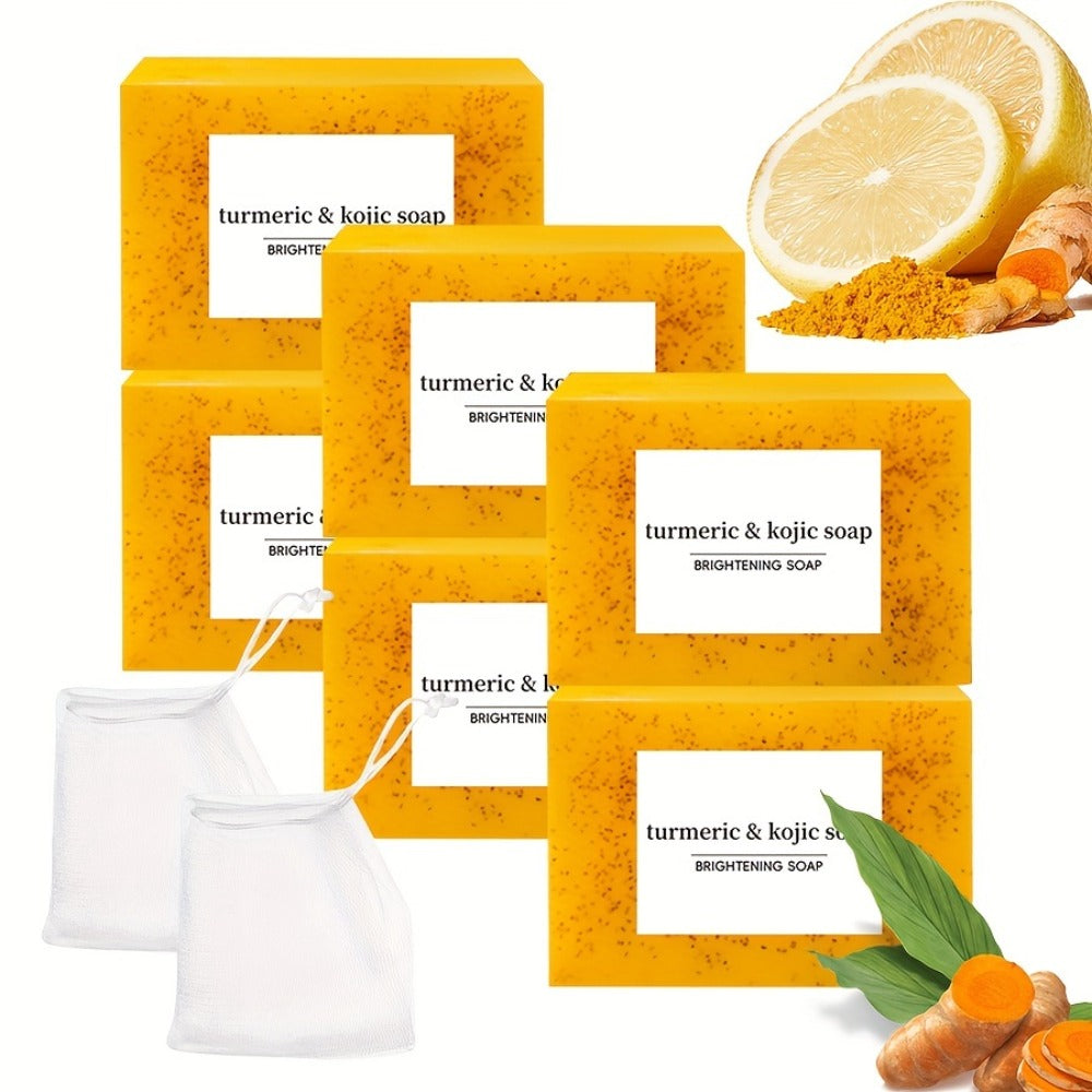 Handmade Turmeric Lemon Soap Bar Set Natural Exfoliating Face Body Cleansing Oil Control Alcohol Free with Lathering Screens 6 / 12pcs