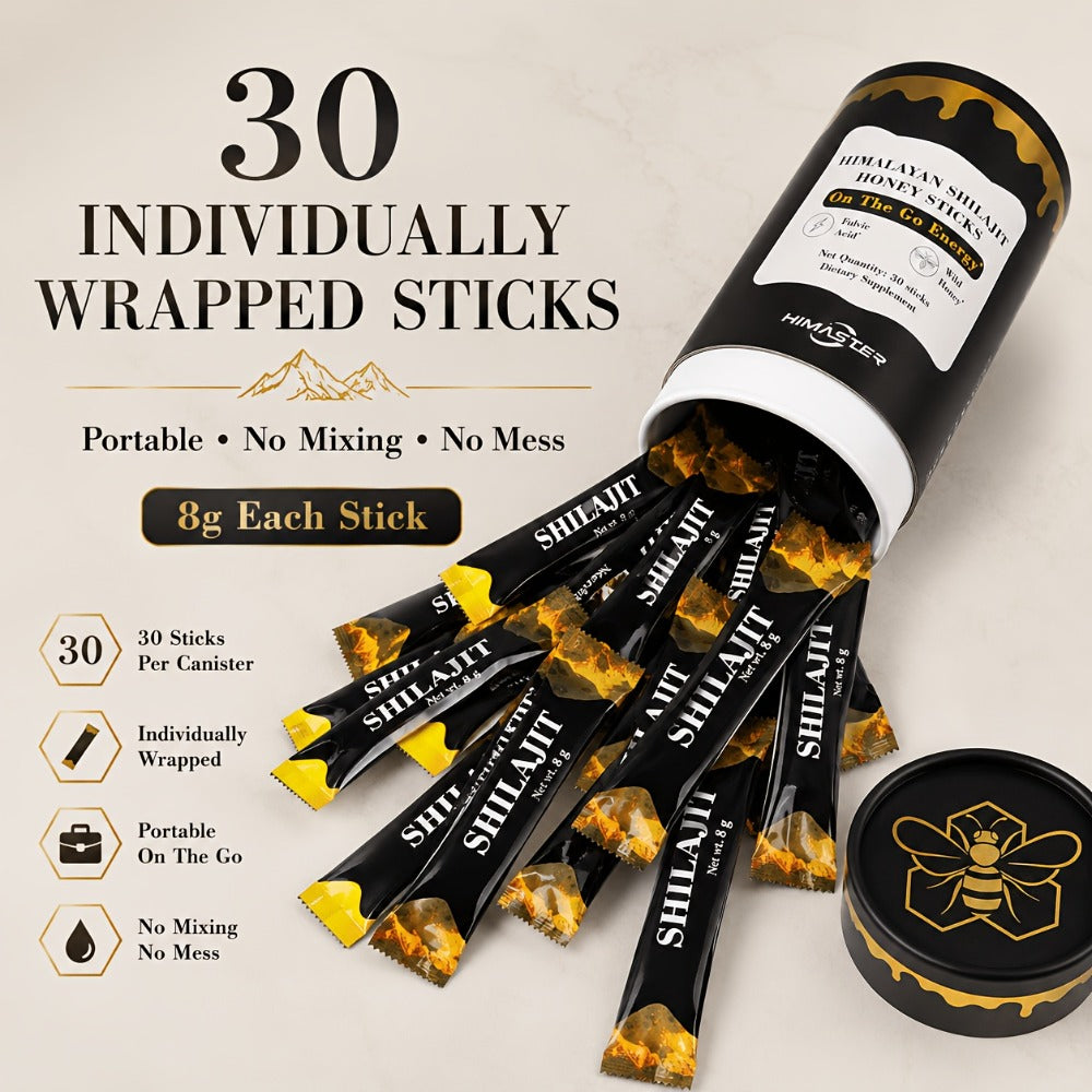 Herbal Supplement with HIMASTER Label, Himalayan Shilajit Honey Sticks, 30 Individually Wrapped 8g Sticks
