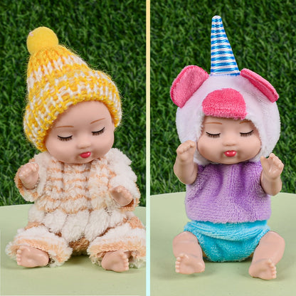 Eight Mini Baby Dolls with 4-Inch Checkout Size, Assorted Knit Animal Outfits and 10.24-Inch Display Box