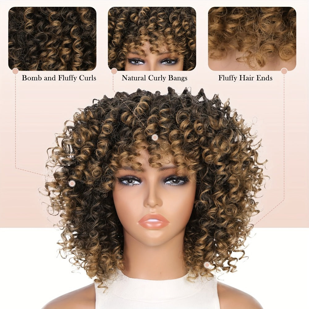 Afro Kinky Curly Wig for Black Women Short Synthetic Hair with Bangs 180% High Density Natural Fluffy Curls Stretch Cap Daily Wear Party Cosplay Fits All Head Sizes