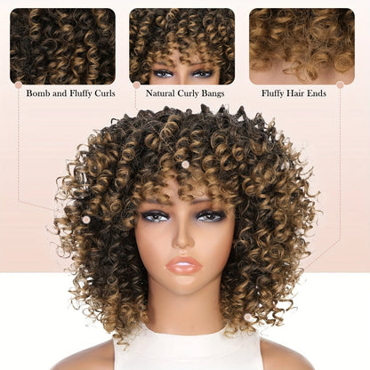 Afro Kinky Curly Wig for Black Women Short Synthetic Hair with Bangs 180% High Density Natural Fluffy Curls Stretch Cap Daily Wear Party Cosplay Fits All Head Sizes