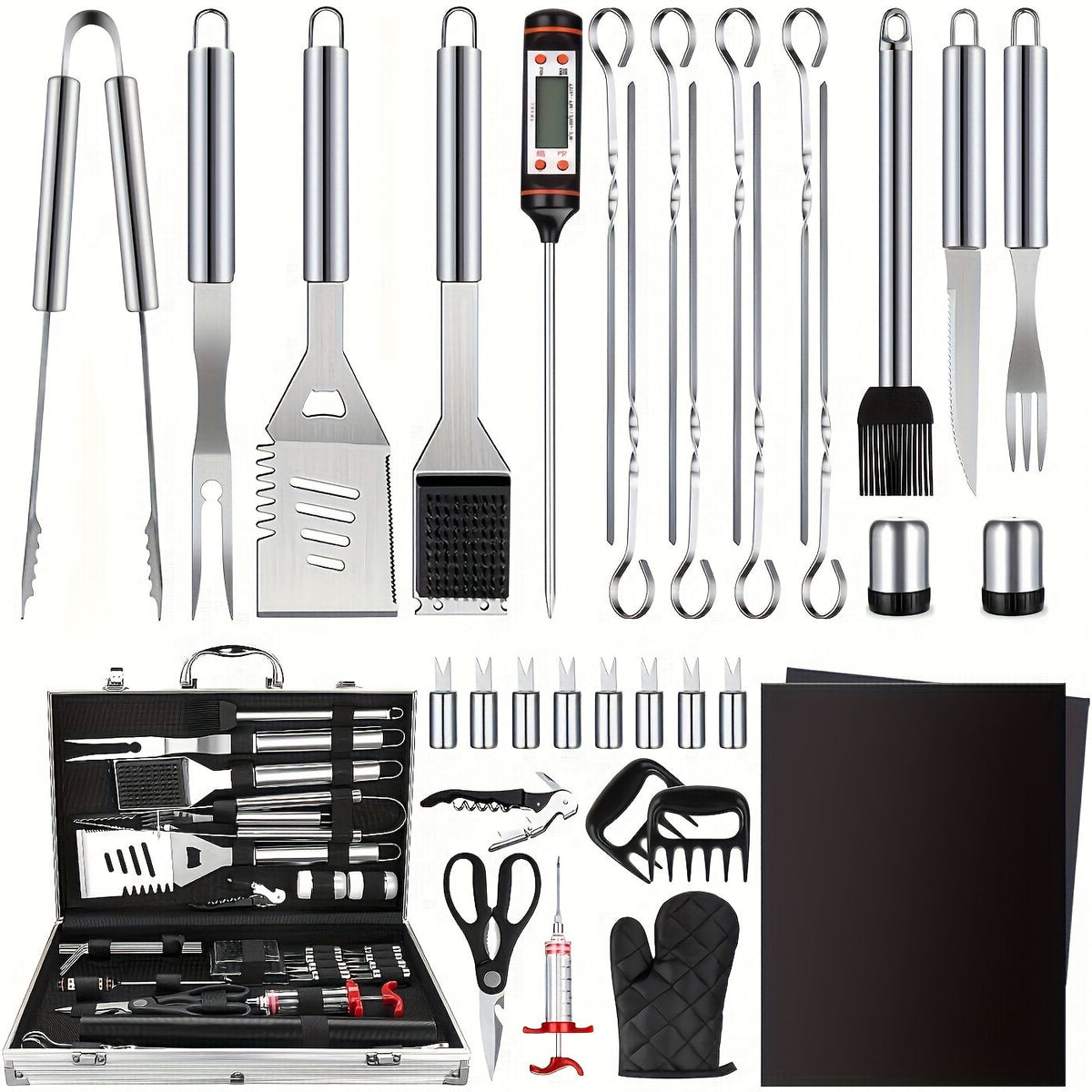 Thirty-Six-Piece BBQ Grill Tool Kit with Carry Case, Two Grill Mats, Heat Glove and Cooking Utensils