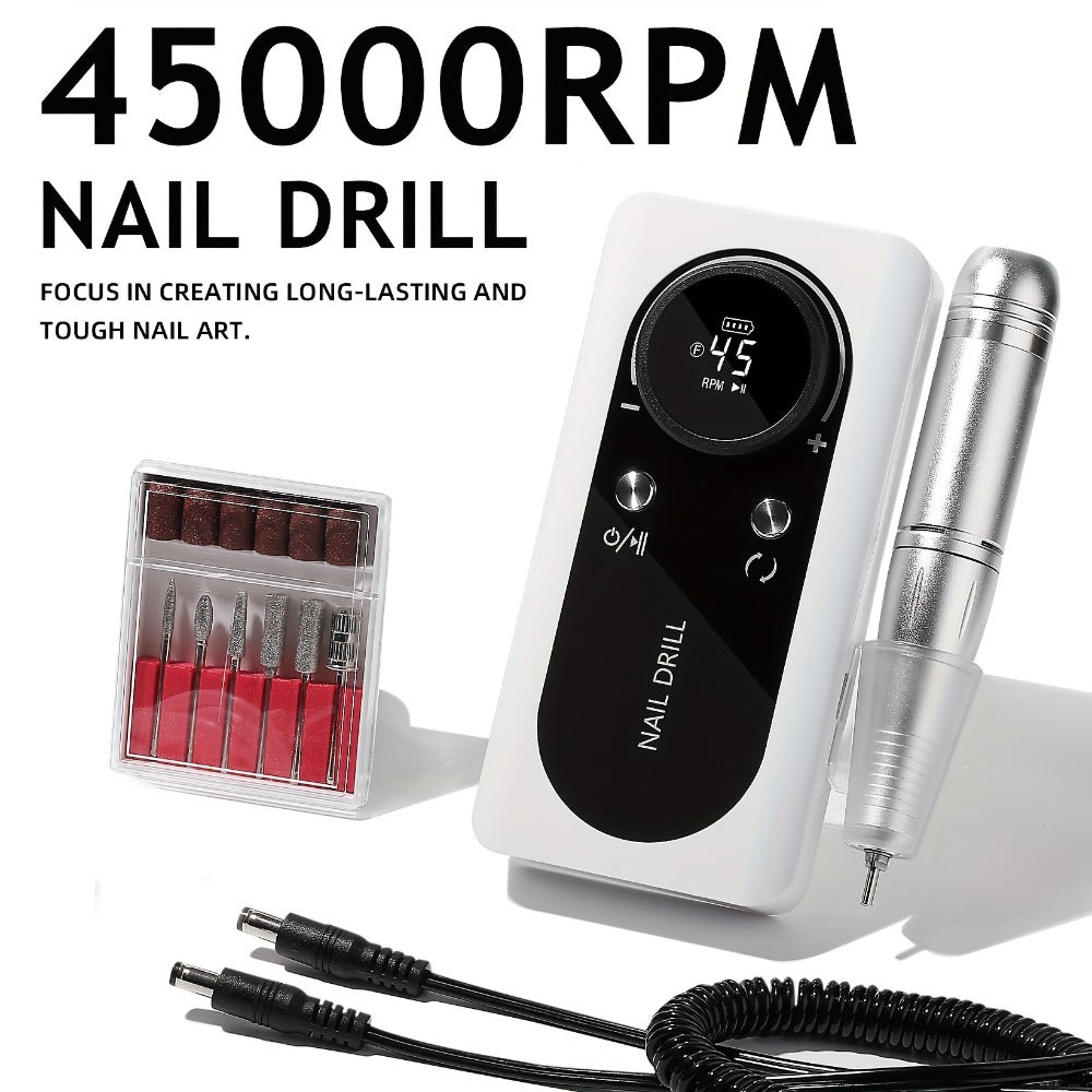 Nail Drill Machine 45000 RPM Brushless Motor 10-Hour Battery Electric Nail File with LCD Smart Screen 6 Drill Bits 6 Sanding Bands – Forward Reverse Low Noise Nail Grinder for Gel Acrylic Nails Home Salon