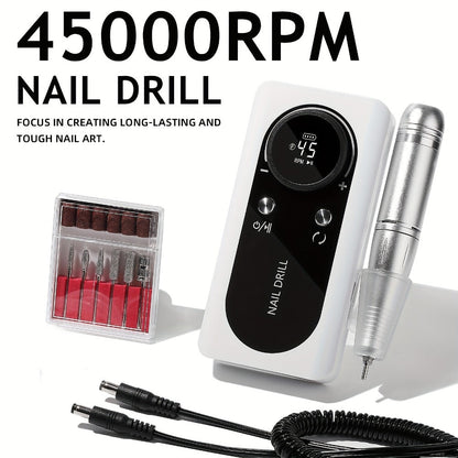 Nail Drill Machine 45000 RPM Brushless Motor 10-Hour Battery Electric Nail File with LCD Smart Screen 6 Drill Bits 6 Sanding Bands – Forward Reverse Low Noise Nail Grinder for Gel Acrylic Nails Home Salon