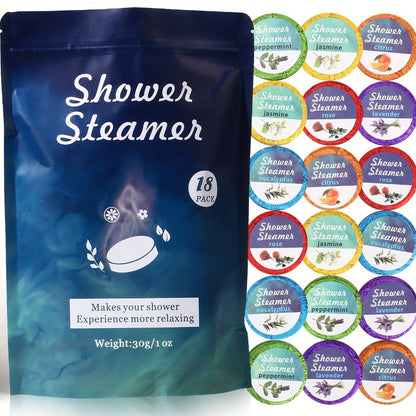Eighteen Individually Wrapped Shower Steamers with Six Fragrance Labels and 30 g Tablet Packaging