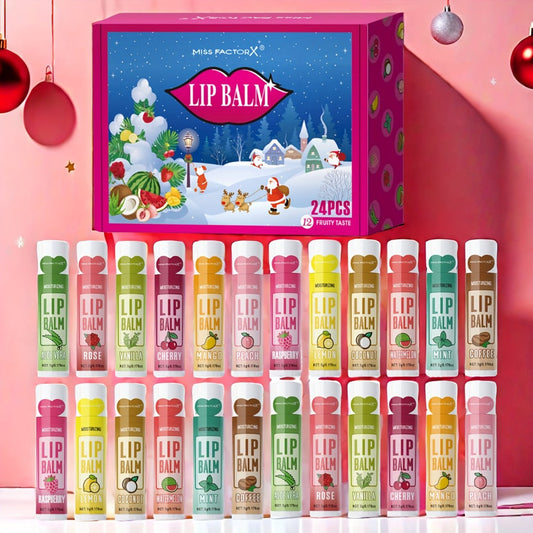 Lip Balm 24-Piece Holiday Gift Box with 12 Assorted Flavor Labels and Colorful Twist-Up Tubes