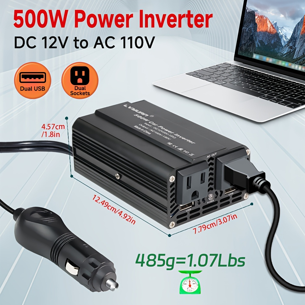 Black or Red 12V DC to 110V AC Power Inverter with 500W or 2500W Model Options, Display and USB Port