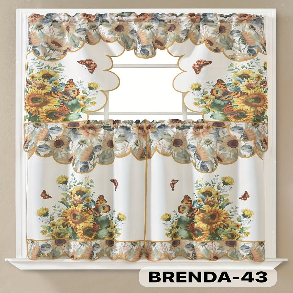 Three-Piece Patterned Kitchen Curtain Set with One Valance, Two Tiers and Forty-Six Exact Design Options